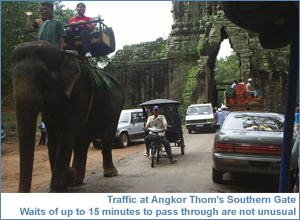 Traffic building up at the South Gate of Angkor Thom. Waits of over 15 minutes are not unusual
