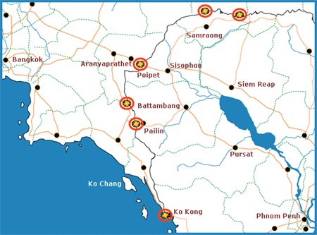 Map of the overland route from Bangkok to Siem Reap and Angkor Wat