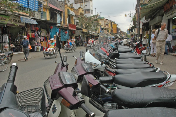 Motorbikes lined up in Hanoi