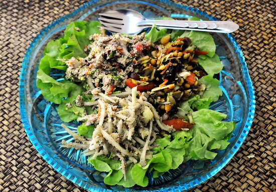 Burmese tea-leaf salad, Shan style green papaya salad and we can't remember the other one!